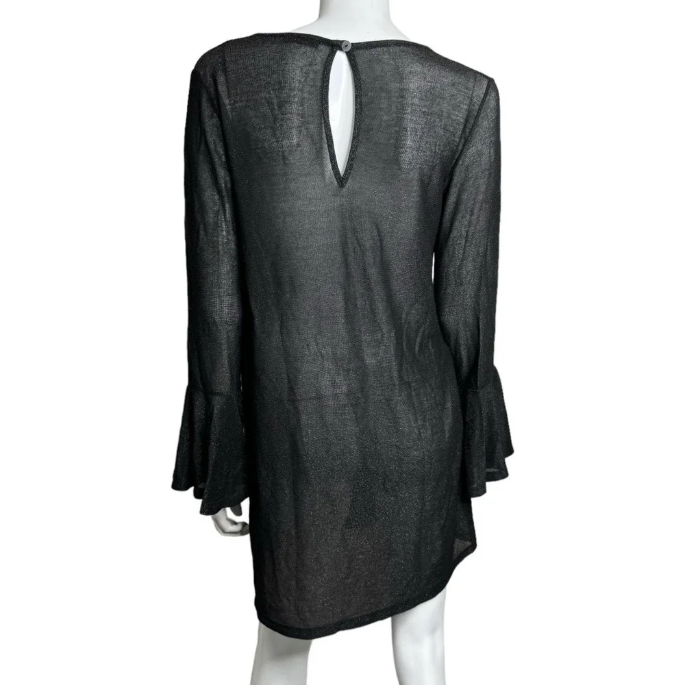 PHO Long Bell Sleeves Sheer Peep Hole Back‎ Midi Swimsuit Cover-Up Dress